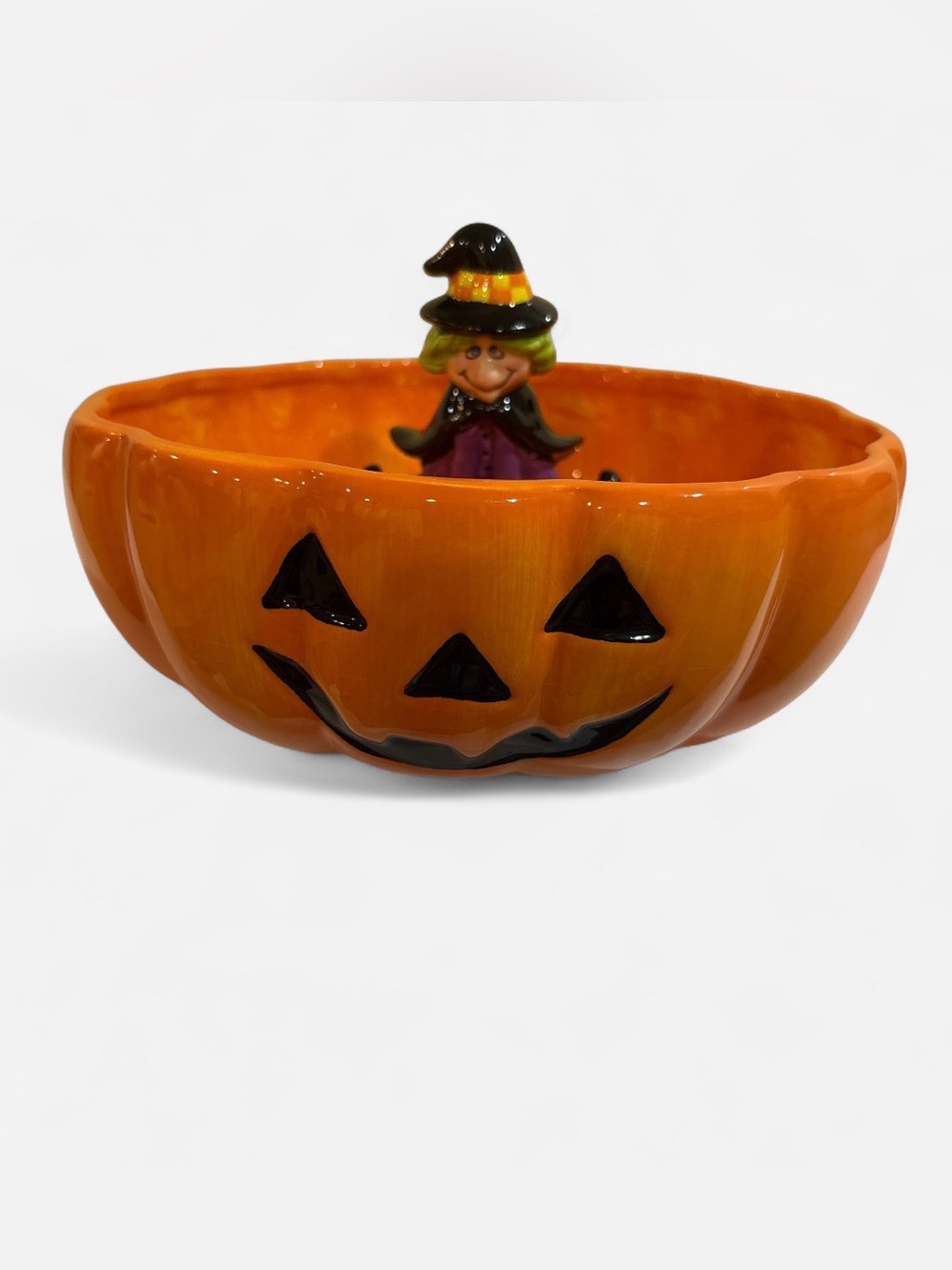 Orange Halloween Pumpkin Bowl with Witch Figurine - Home Accents